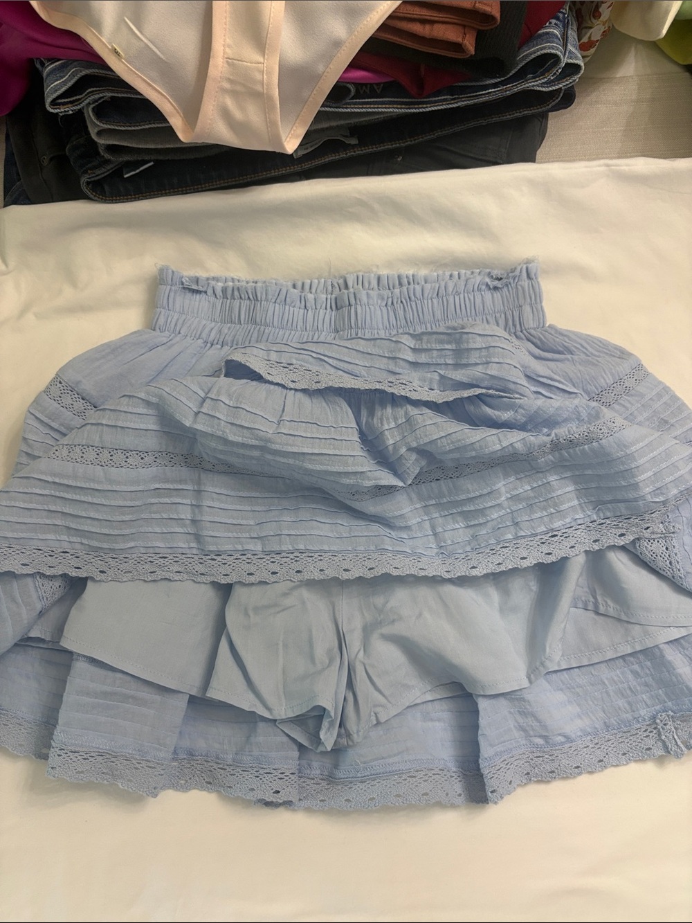 Smocked Waist Light Blue Lace-Trim Mini Skirt - Picture 4 of 4